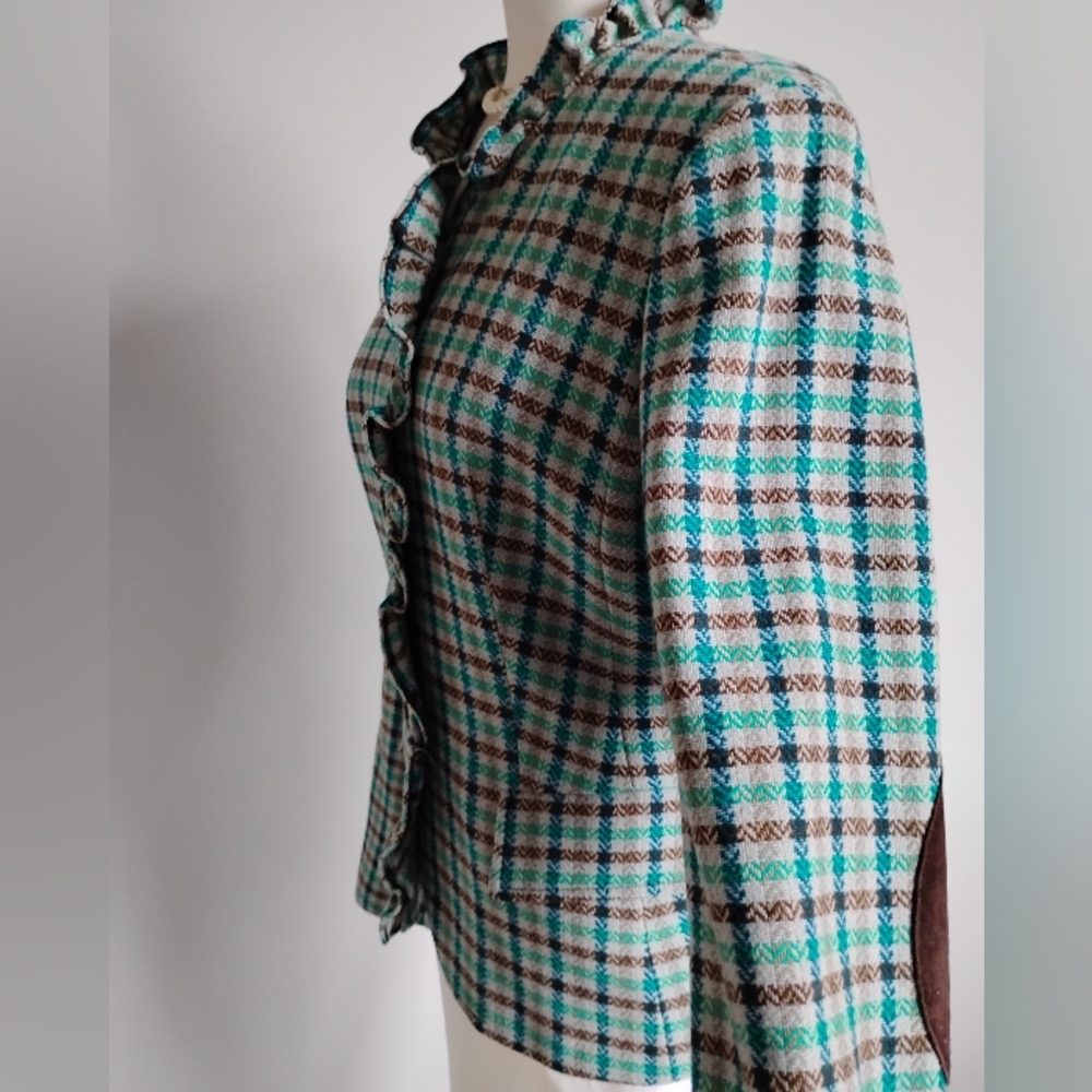 Talbots 100% Wool Ruffle Plaid Jacket Blazer Turquoise Blue Brown Classic Sz 12 - Picture 6 of 16